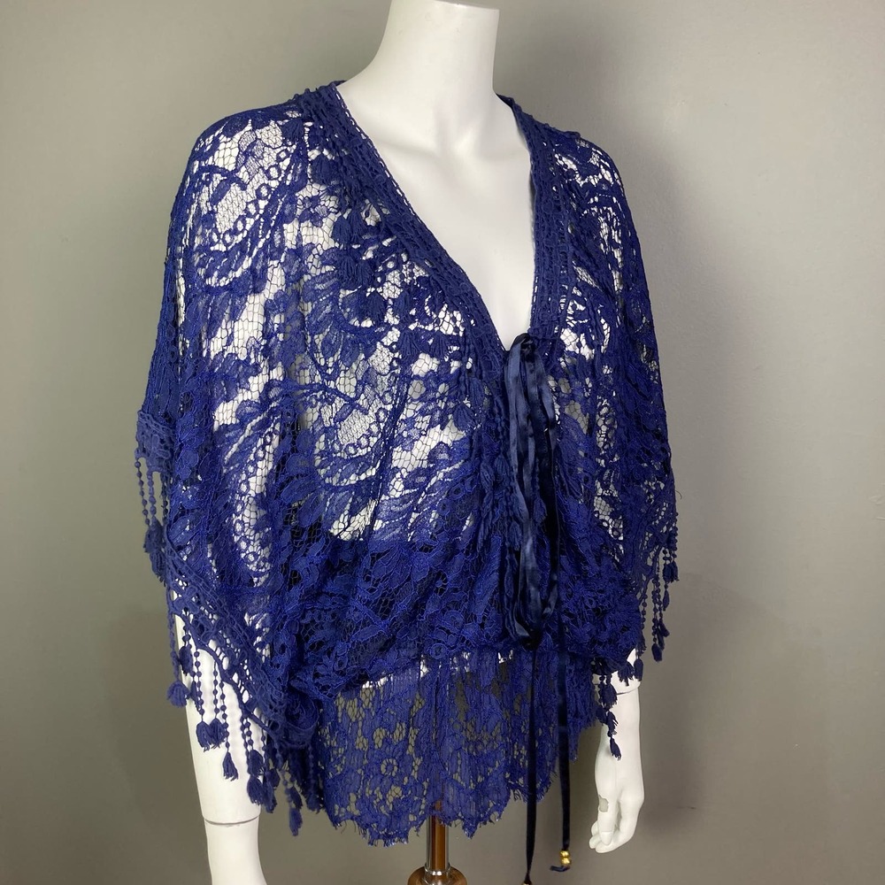 Vanita Rosa Poncho M/L French Lace Floral Sheer beach dress coverup blue top